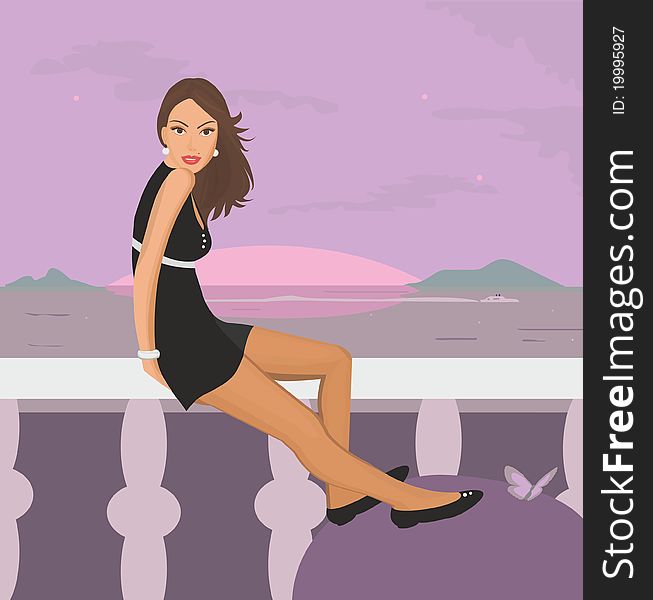 Illustration of a beautiful young woman, resting on the balcony of the hotel on the beach at sunset. Illustration of a beautiful young woman, resting on the balcony of the hotel on the beach at sunset.