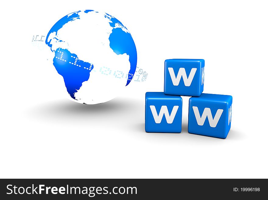 World globe and World Wide Web blue boxes. A 3D rendered concept. World globe and World Wide Web blue boxes. A 3D rendered concept.