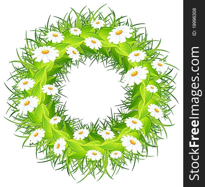 Round wreath of flowers green leaves on white background illustration. Round wreath of flowers green leaves on white background illustration