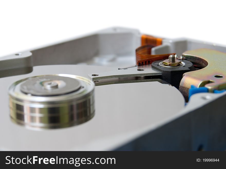 Close up of hard disk drive isolated on white