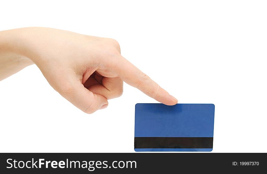 Empty credit card female hand holding on white