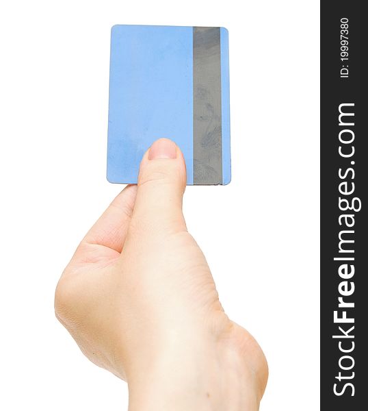 Empty credit card female hand holding on white