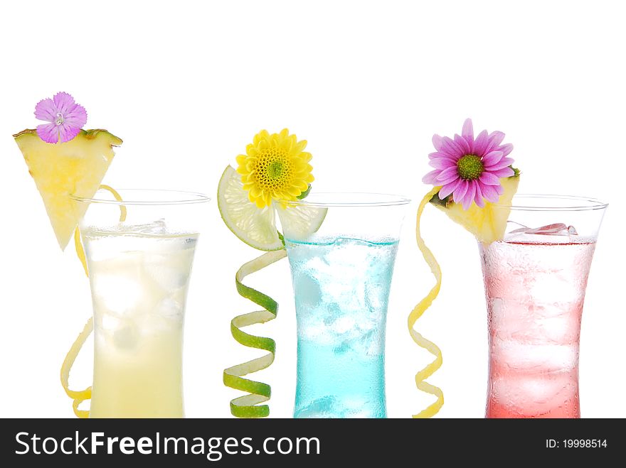 Cocktails variation with alcohol vodka, tequila sunrise in cocktail glasses isolated on a white background