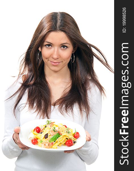 Waitress woman holding plate with macaroni, spaghetti pasta on a white background