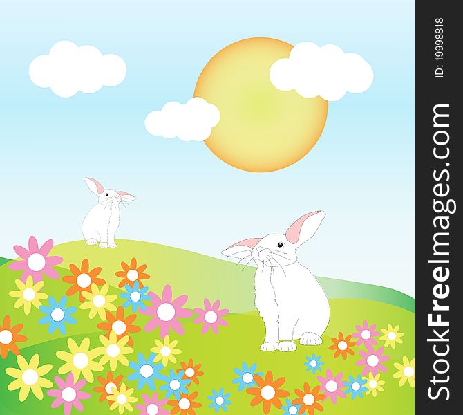 Two rabbits on Spring hills among flowers, illustration. Two rabbits on Spring hills among flowers, illustration