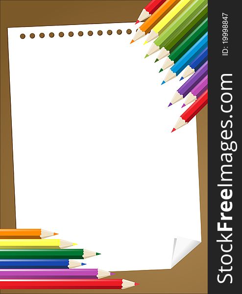Vector of group of color pencils on the blank paper. Vector of group of color pencils on the blank paper