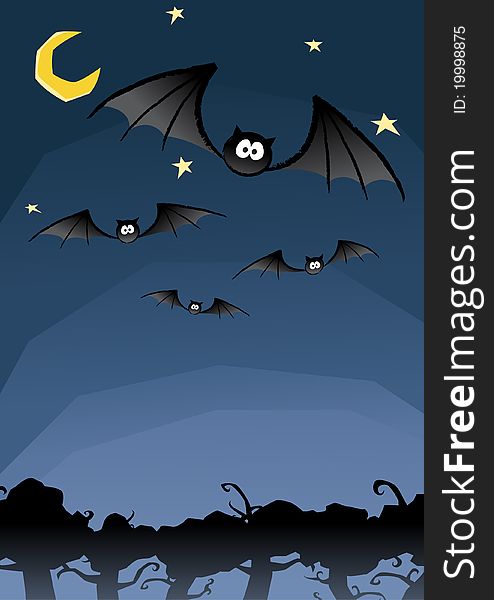 Vector of group of bats flying in the night sky with the tree and moon background. Vector of group of bats flying in the night sky with the tree and moon background