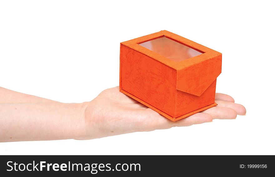 Empty red box in a hand on white background