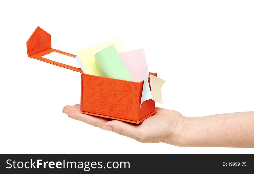 Red box with color sticky notes on women hand isolated on white