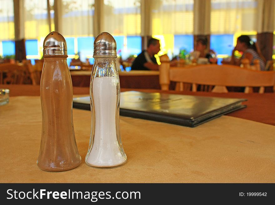 Salt and pepper on the restaurant table