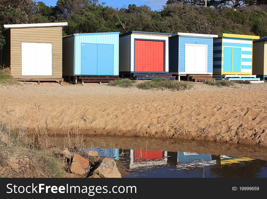 Colourful beach hut reflections, Victoria,Melbourne.
