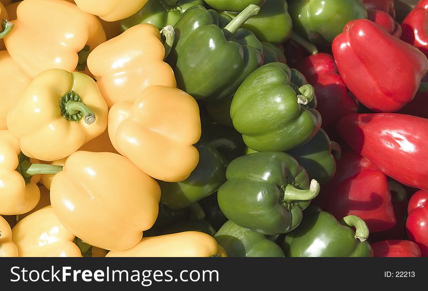 Multi-coloured display of peppers with very glossy and smooth skins. Multi-coloured display of peppers with very glossy and smooth skins
