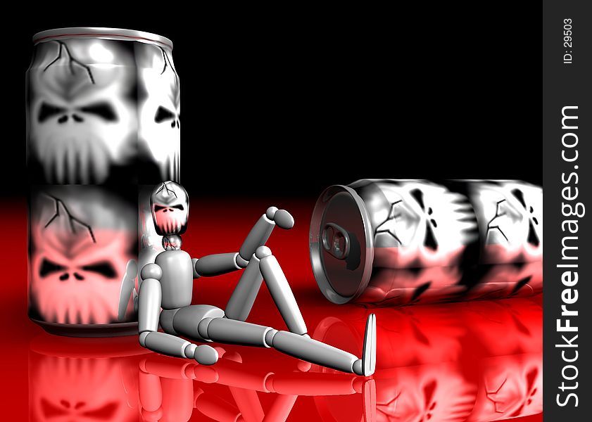 An illustration of a articulated demonic doll with 2 tins of supposed poison on a reflecting ground. An illustration of a articulated demonic doll with 2 tins of supposed poison on a reflecting ground