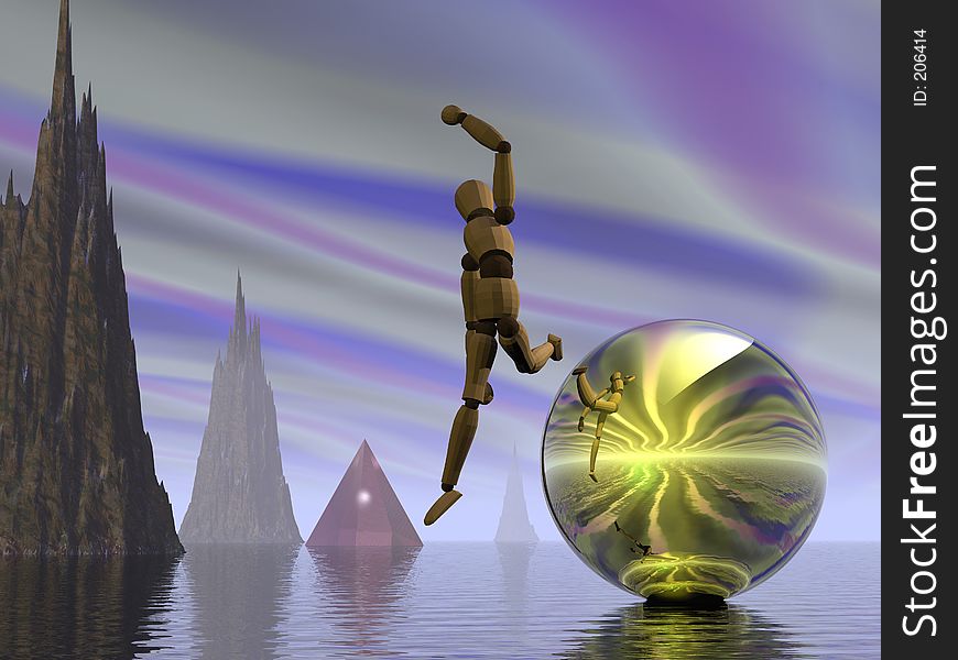 Manikin leaping from reflective sphere in fantastic landscape