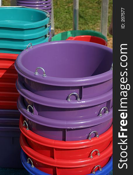 Colorful new buckets for sale. Colorful new buckets for sale.