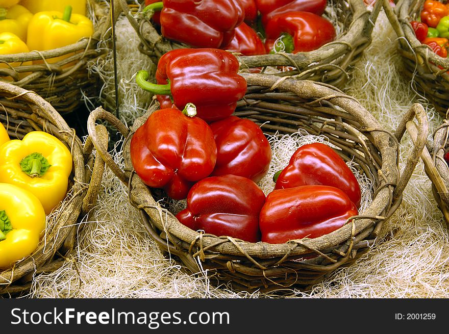 Colorful peppers on display at marketplace