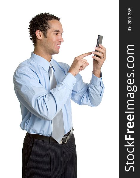 Smiling calculator business man isolated