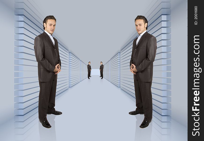 Business people lined up in a long hallway. Business people lined up in a long hallway