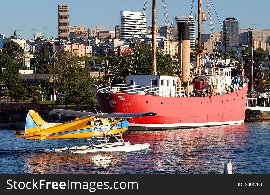 Float Airplane gliding on the water