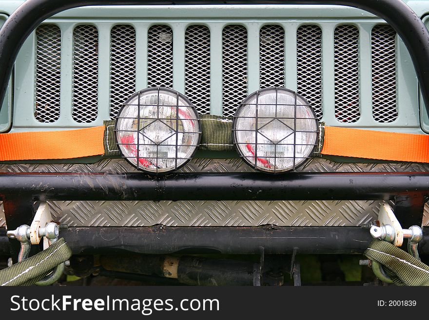 Grille, Bullbar, Strops and Shackles on an offroad vehicle. Grille, Bullbar, Strops and Shackles on an offroad vehicle