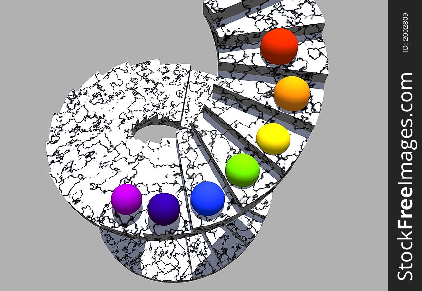 Stair with descending rainbow coloured spheres. computer generated!. Stair with descending rainbow coloured spheres. computer generated!