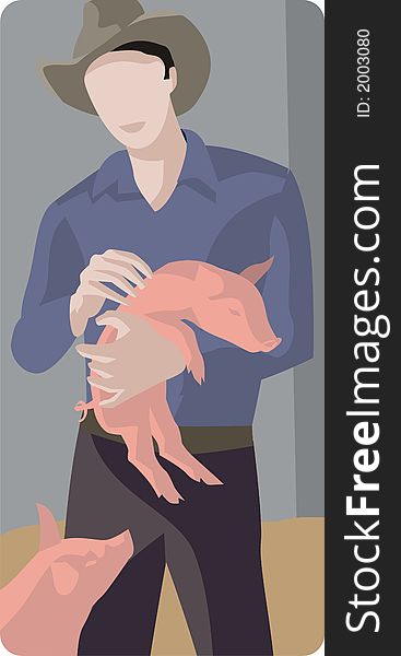 Vector illustration of a swineherd, holding a baby pig. Vector illustration of a swineherd, holding a baby pig.