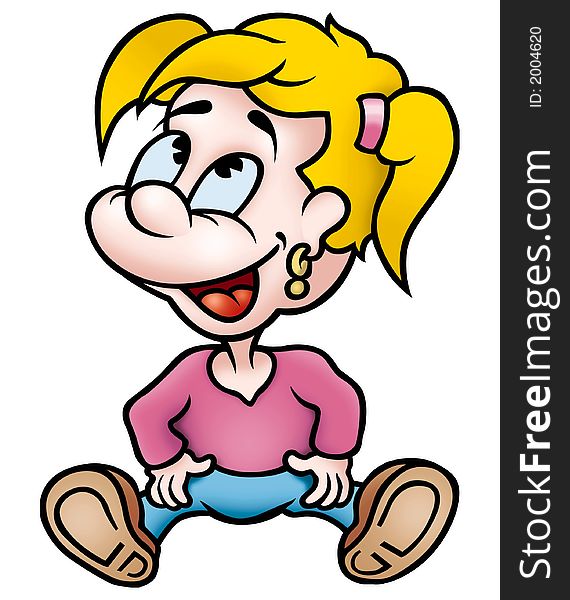 Little Girl 04 - High detailed and coloured illustration - Sitting pony-tailed girl