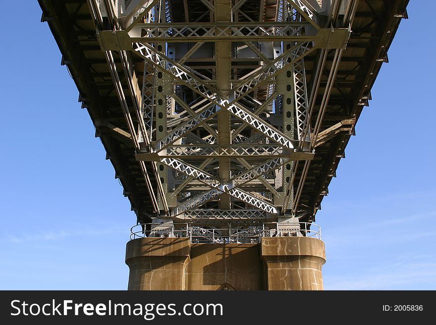 View from below the Huey P Long Bridge as it crosses the Mississippi River north of New Orleans.