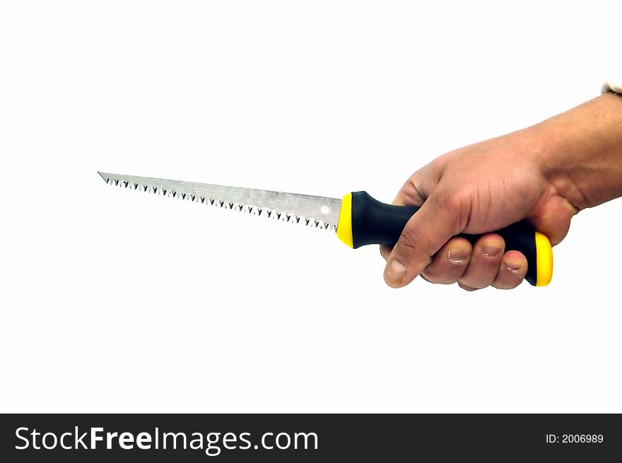 Small saw in the hand isolated against a white background