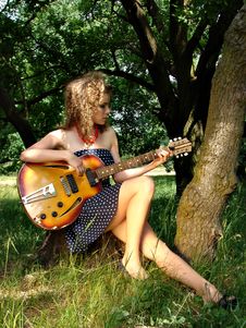 Girl On The Picnic With Guitar Stock Photography Girl On The Picnic With Guitar Stock Photography