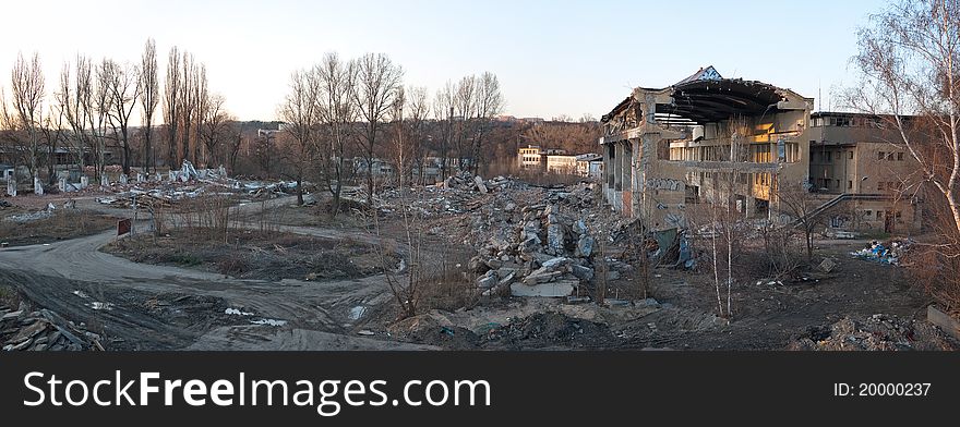 Demolition of buildings in industrial zone.