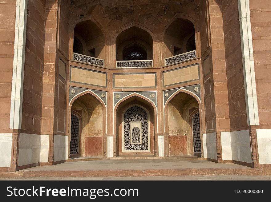 Central red stone fa�ade at Humayun's Tomb, New Delhi, India, Asia. Central red stone fa�ade at Humayun's Tomb, New Delhi, India, Asia