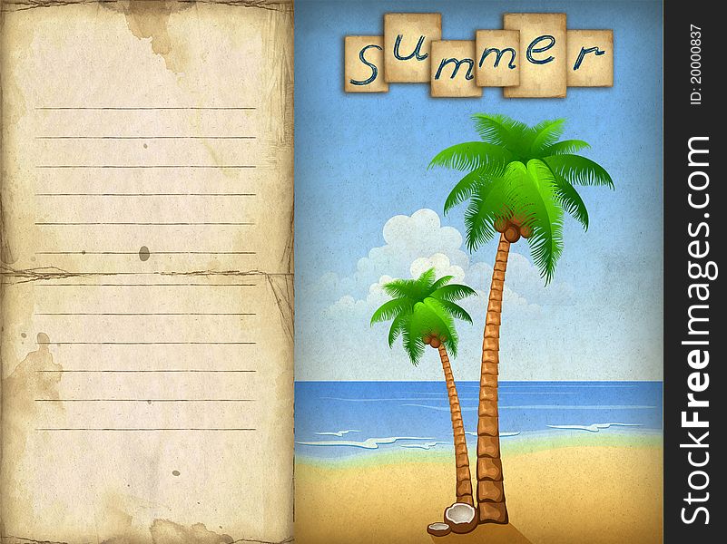 Background with illustration of summer beach with palms