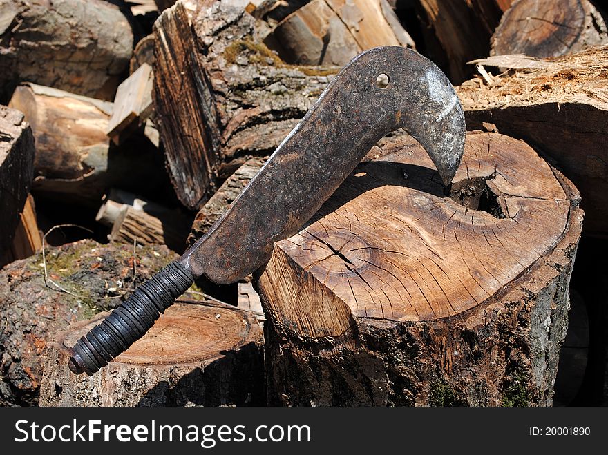 Homemade bill hook for cut small wood, old and used