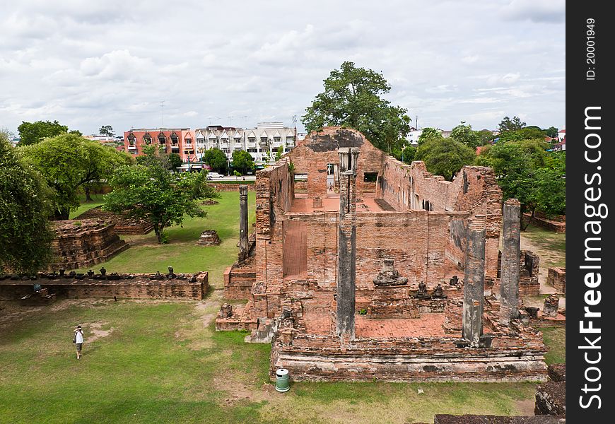 Ancient ruinous temple in Ayutthaya Thailand, bird eye view. Ancient ruinous temple in Ayutthaya Thailand, bird eye view