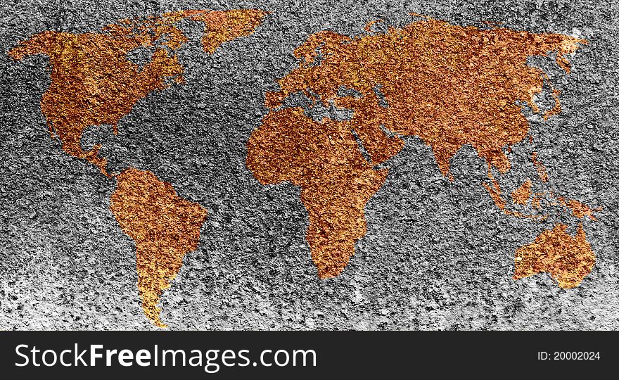 The world map formed by corrosion stains on metal
