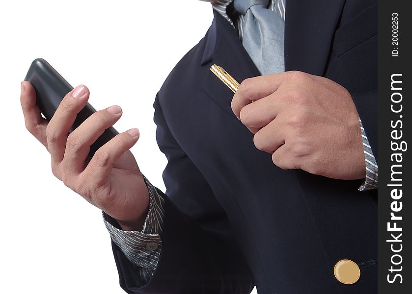 Business man with mobile phone to process his business