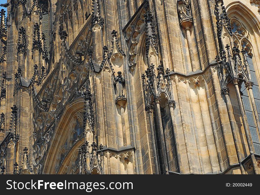 Prague gothic cathedral, by the city castle, facade detail. Prague gothic cathedral, by the city castle, facade detail.