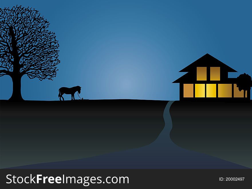 Silhouette Of Horse Near The House