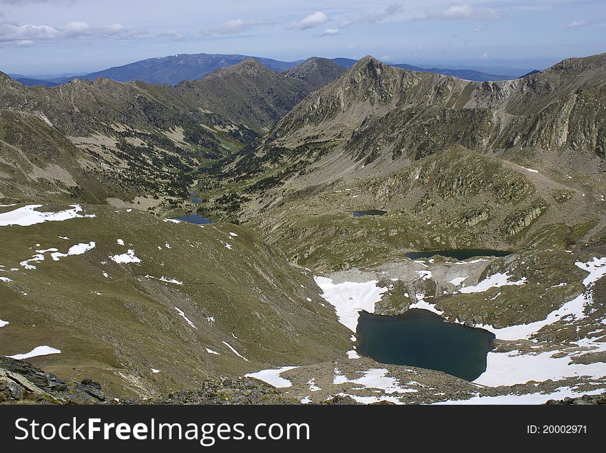 Lakes and snowfields in the mountains. Lakes and snowfields in the mountains