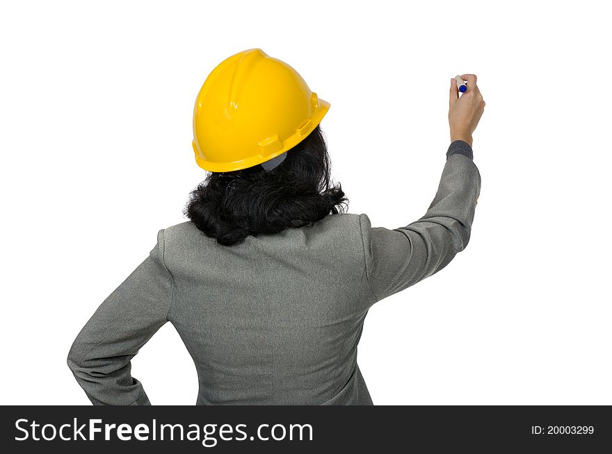 Pretty mix race woman with yellow helmet hold pen, isolated over white background. Pretty mix race woman with yellow helmet hold pen, isolated over white background