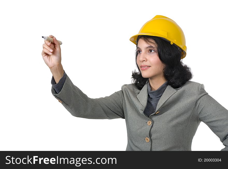 Pretty mix race woman with yellow helmet hold pen, isolated over white background. Pretty mix race woman with yellow helmet hold pen, isolated over white background