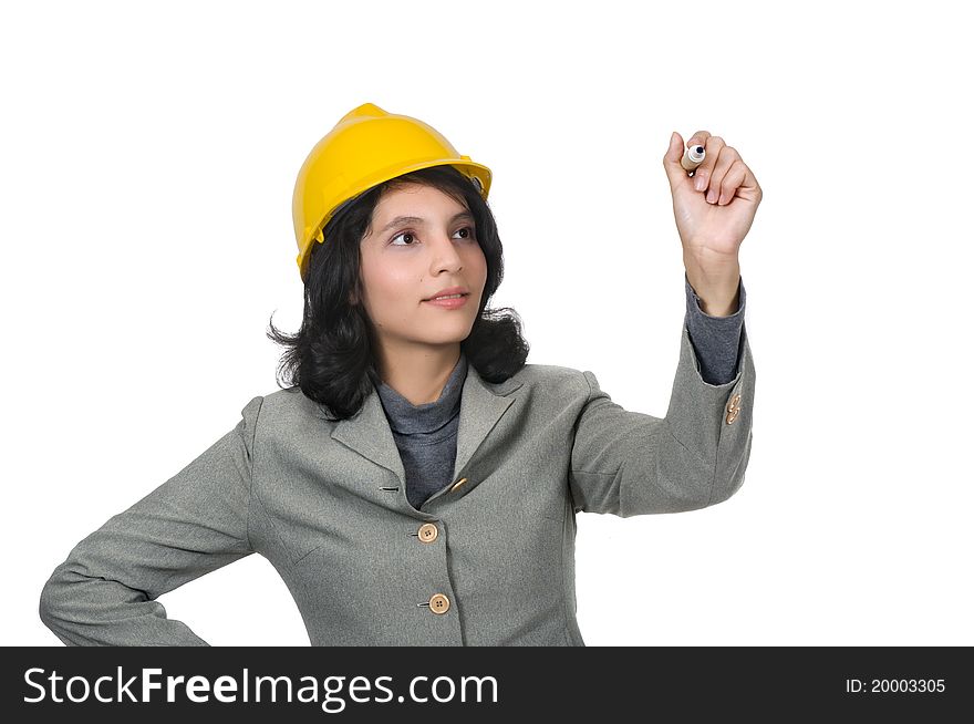 Pretty mix race woman with yellow helmet hold pen, isolated over white background. Pretty mix race woman with yellow helmet hold pen, isolated over white background