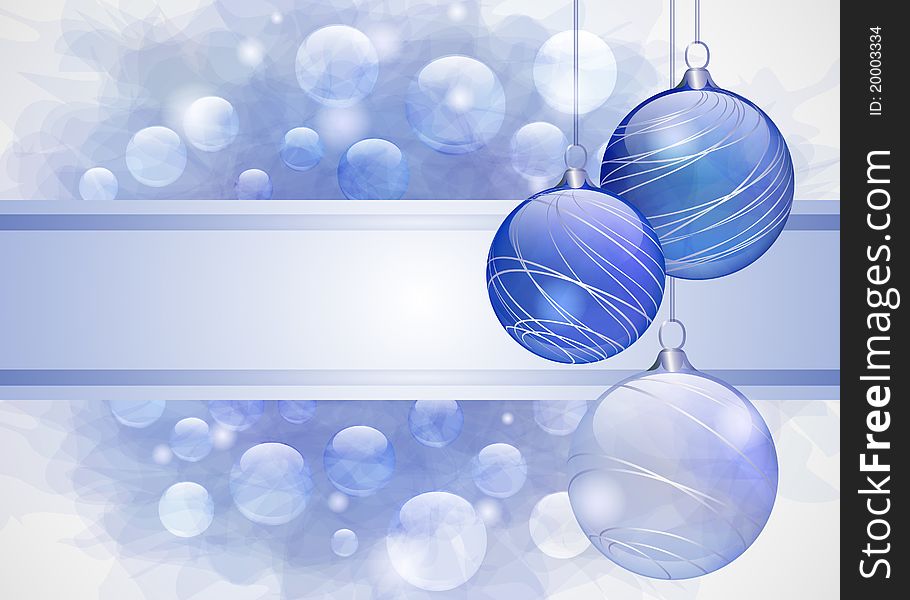 Blue Christmas background with balls, lights and copy space