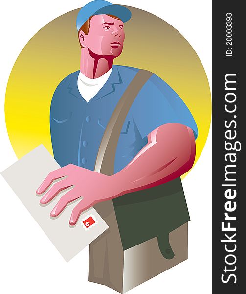 Illustration of a postman mailman with holding an envelope and mailbag set inside a circle on isolated background. Illustration of a postman mailman with holding an envelope and mailbag set inside a circle on isolated background