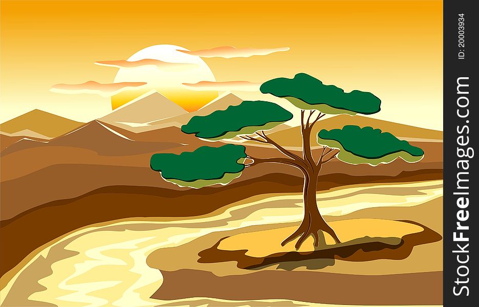 Landscape with tree, river, island, mounts, sun and clouds in decorate style. Landscape with tree, river, island, mounts, sun and clouds in decorate style