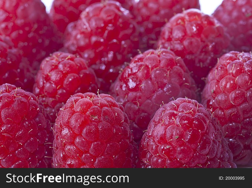 Raspberry fruit in close up on white background. Raspberry fruit in close up on white background