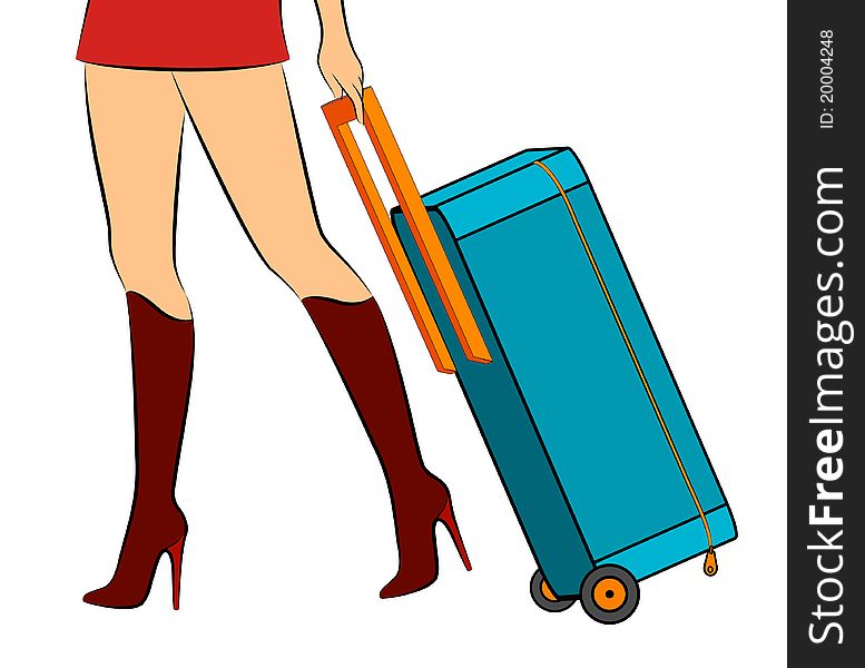Beautiful female feet with suitcase,illustration for a design