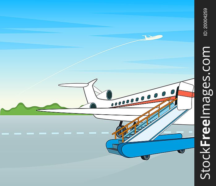 Airplane with a ladder on a flight bar.illustration for a design