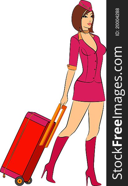 Beautiful stewardess with suitcase.illustration for a design